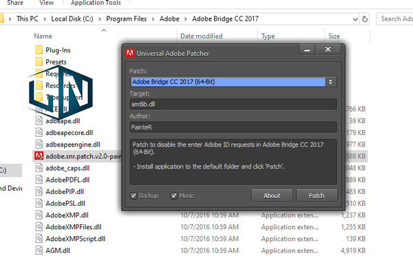 Chạy file adobe.snr.patch.v2.0-painter chọn đúng phiên bản Adobe Bridge cc 2017 Chạy file adobe.snr.patch.v2.0-painter chọn đúng phiên bản Adobe Bridge cc 2017