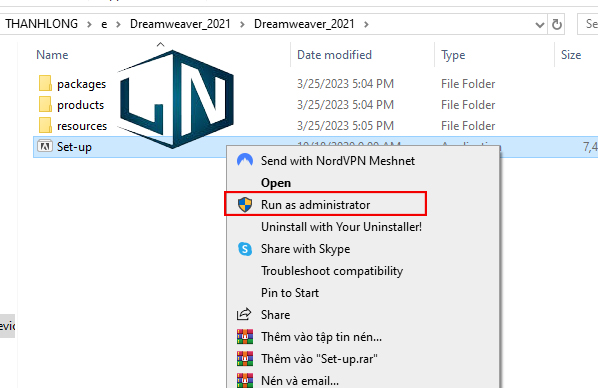 Chạy file setup bằng quyền admin Chạy file setup bằng quyền admin