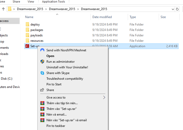 Chạy file setup bằng quyền admin Chạy file setup bằng quyền admin